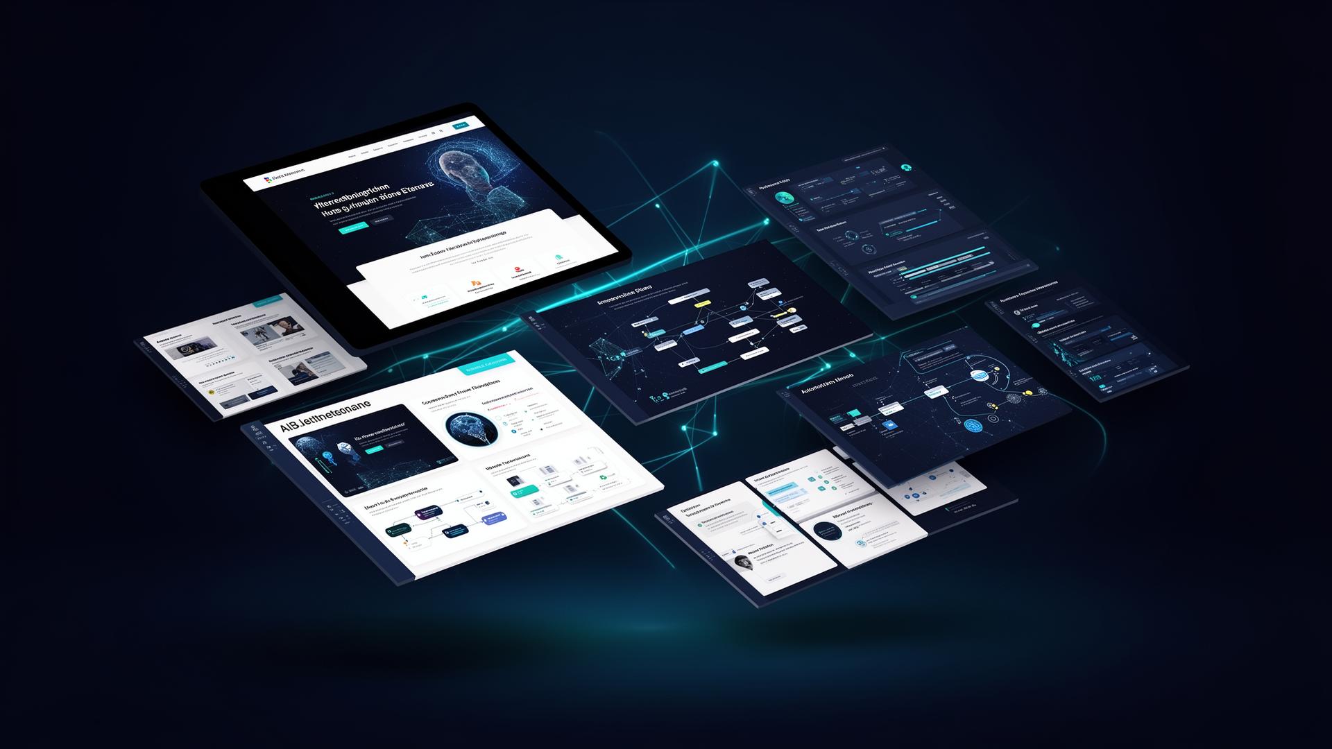 Constelação de produtos digitais OCEAN: website, apresentação, dashboard com IA e fluxos de automação